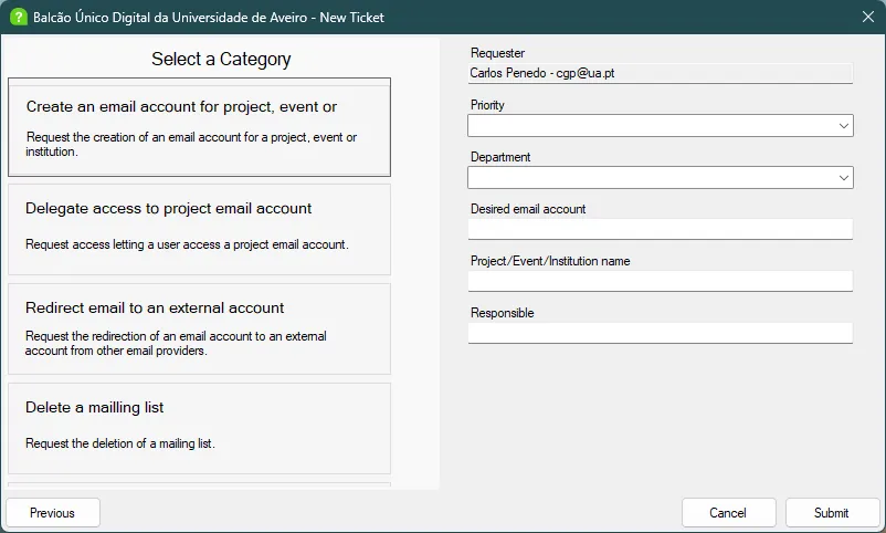 BUD's ticket wizard showing an email-account category and the fields generated for it