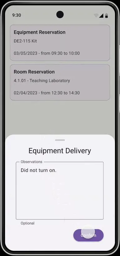Original equipment-return mockup with an optional observations field over the reservation history.
