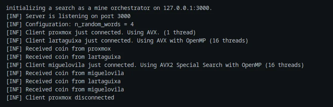 Captura de terminal do relatório do projeto, com um servidor de mineração a receber moedas de clientes AVX e AVX2/OpenMP.